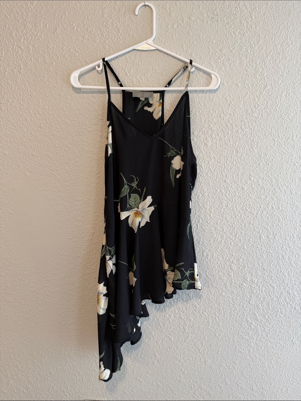 fab'rik Black Floral Asymmetrical Spaghetti Strap Top